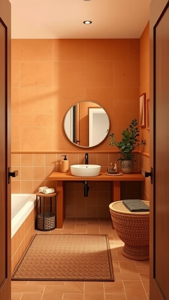 A bathroom featuring warm terracotta tones with a circular mirror and wooden elements.