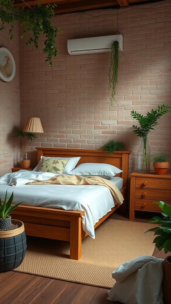 A cozy bedroom featuring earthy tones, wooden furniture, and plants for a natural atmosphere.