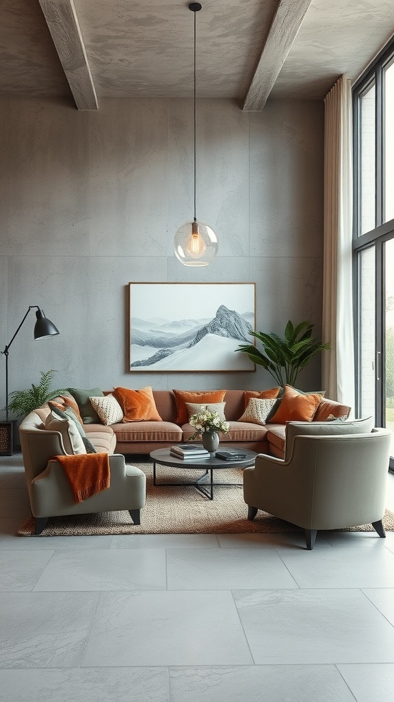 A modern living room featuring concrete walls and velvet furniture in earthy tones.