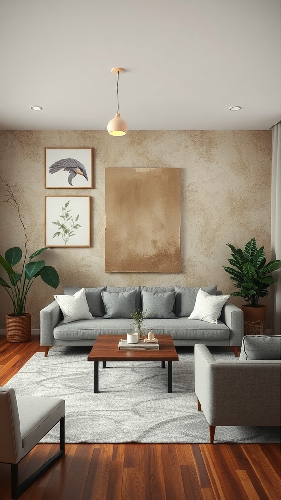 A contemporary Japandi living room with earthy tones, featuring a textured wall, minimalist furniture, and plants.