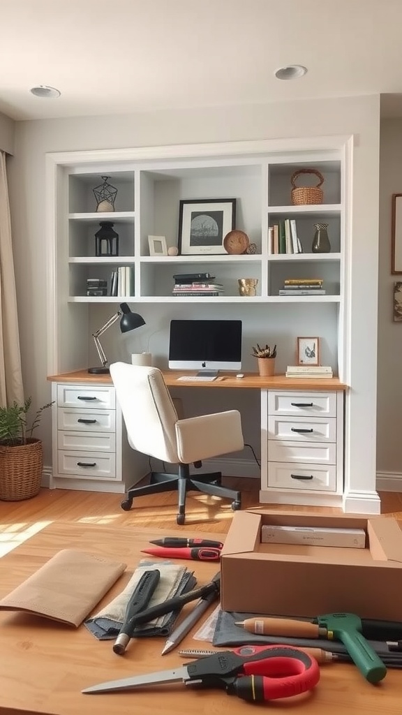 A cozy home office featuring a built-in desk with shelving, storage drawers, and tools scattered on the floor.