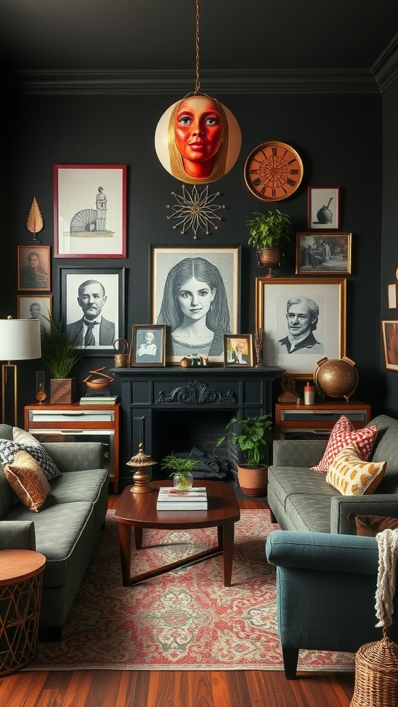 Living room featuring eclectic accessories and decor in a dark palette, showcasing a mix of art, furniture, and plants.