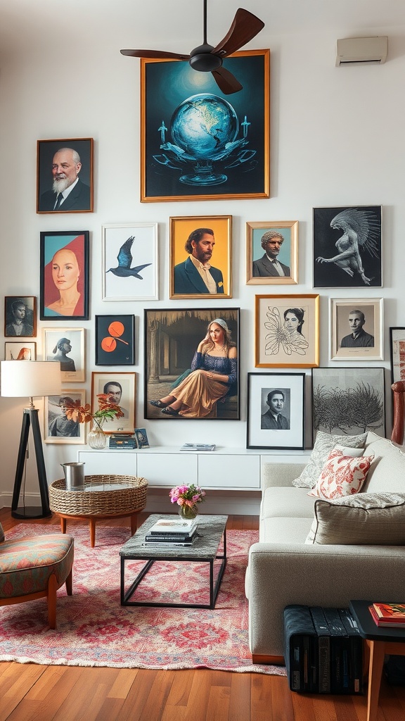 A living room with an eclectic collection of art on the wall, featuring various portraits and styles, creating a personalized atmosphere.