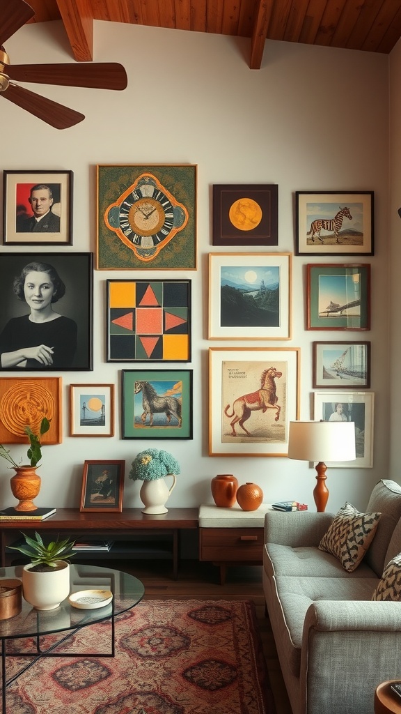 A stylish mid-century modern living room featuring an eclectic display of framed art on a wall, with a glass coffee table, chairs, and decorative plants.