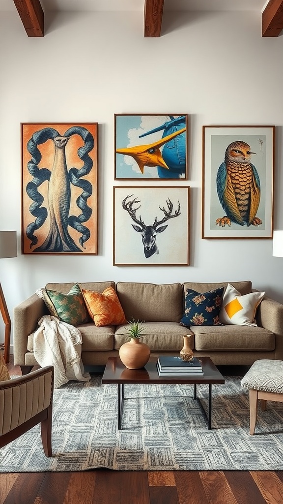 A cozy living room featuring eclectic artwork on the wall, including animal illustrations, with a beige sofa and patterned cushions.