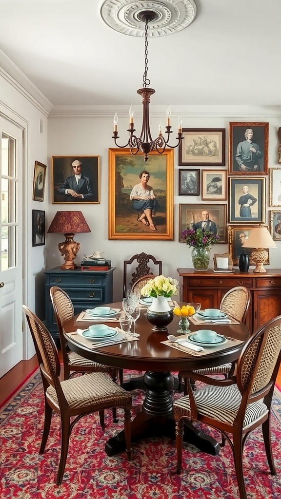 An eclectic dining room with a wooden table, framed portraits, and floral arrangements.