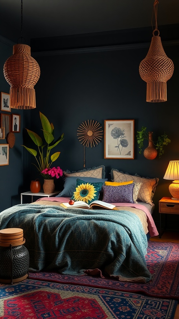 A dark boho style bedroom featuring navy walls, colorful pillows, a sunflower centerpiece, and woven pendant lights.