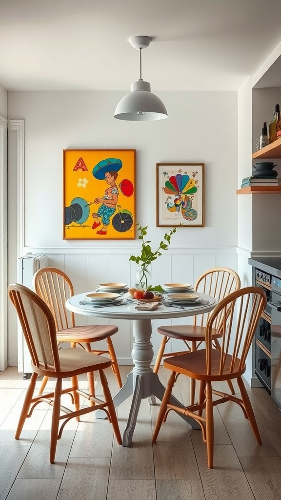 Cozy kitchen nook with a round table, wooden chairs, and colorful artwork on the walls