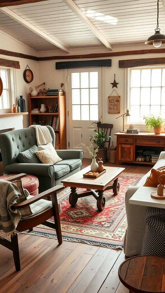 Cozy rustic farmhouse living room with eclectic furniture and decor