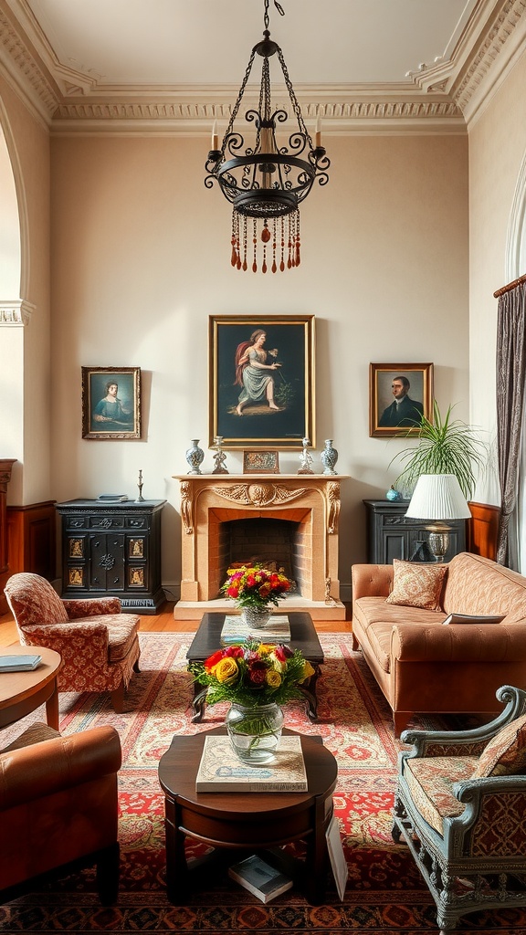 A living room featuring a mix of Mediterranean and Gothic styles, with elegant furniture, warm lighting, and beautiful decor.