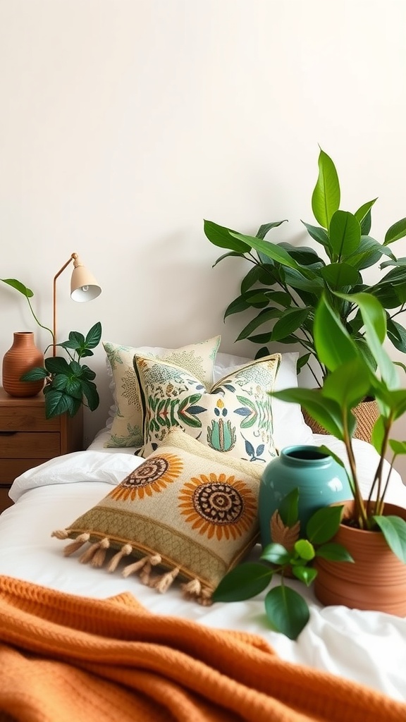 Cozy bed with patterned pillows, terracotta vase, and green plants creating an eclectic bedroom atmosphere.