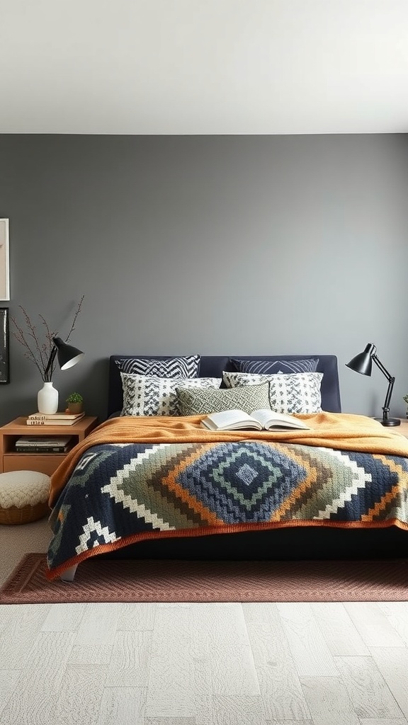 A cozy grey bedroom featuring a patterned blanket, decorative pillows, and a stylish bedside table.