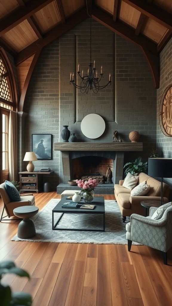 A living room featuring Gothic architectural details and modern furniture, with a fireplace and stylish decor.