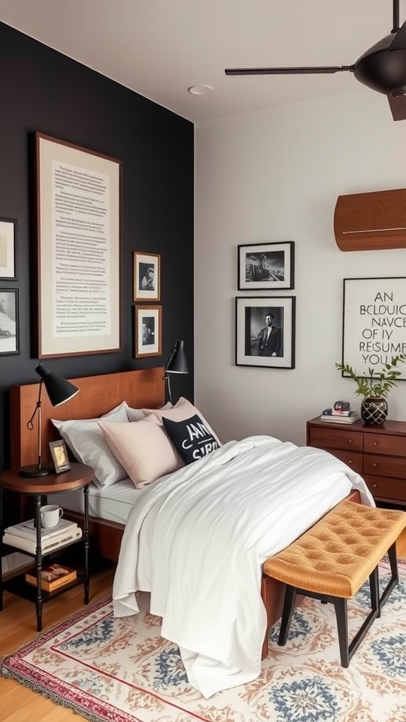 Eclectic men's bedroom design featuring a dark accent wall, mixed artwork, and modern furniture.