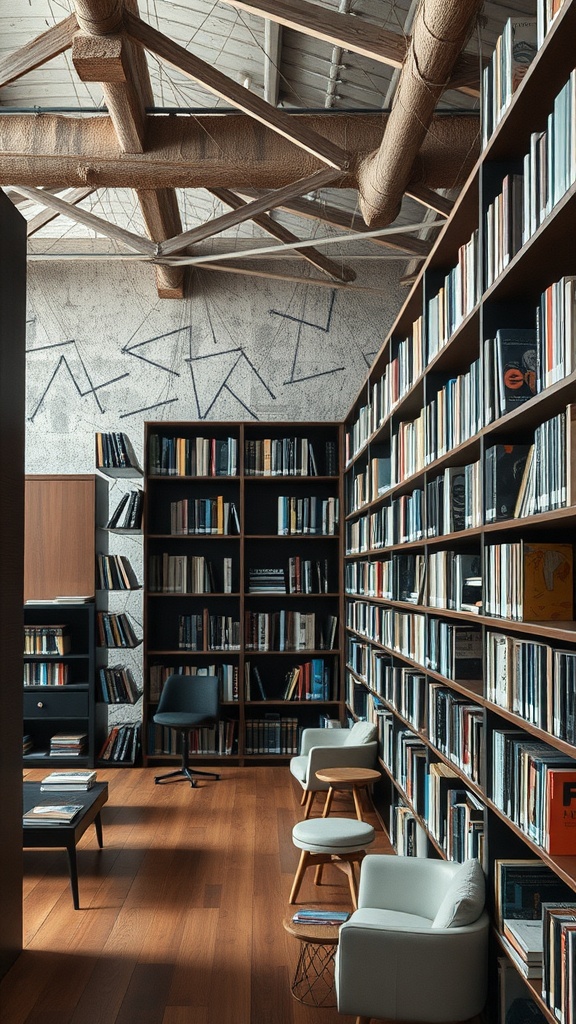 Interior view of a modern library with bookshelves, seating area, and wooden beams