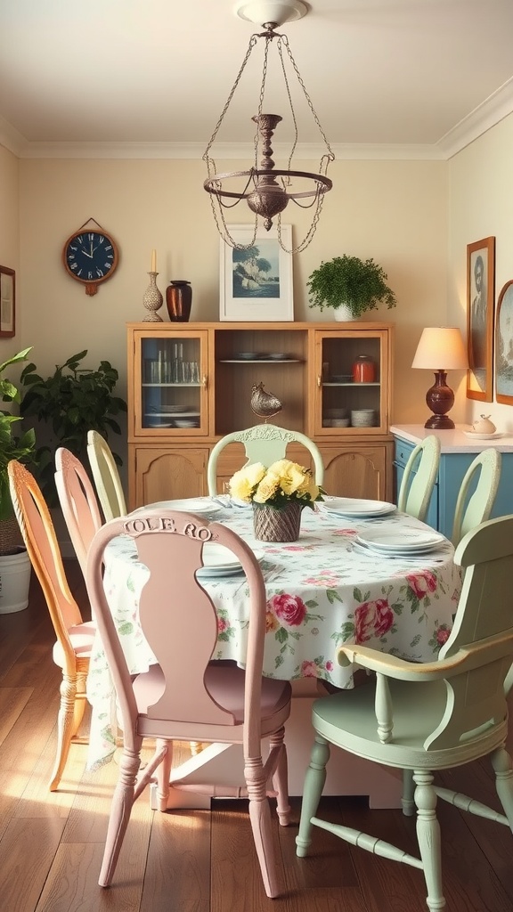 A cozy dining room with a round table covered in a floral tablecloth, surrounded by an eclectic mix of vintage chairs in pastel colors.