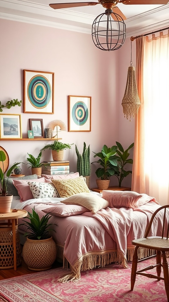 A beautifully styled boho bedroom with pink walls, a macramé wall hanging, various plants, and a cozy bed adorned with colorful pillows and a patterned rug.