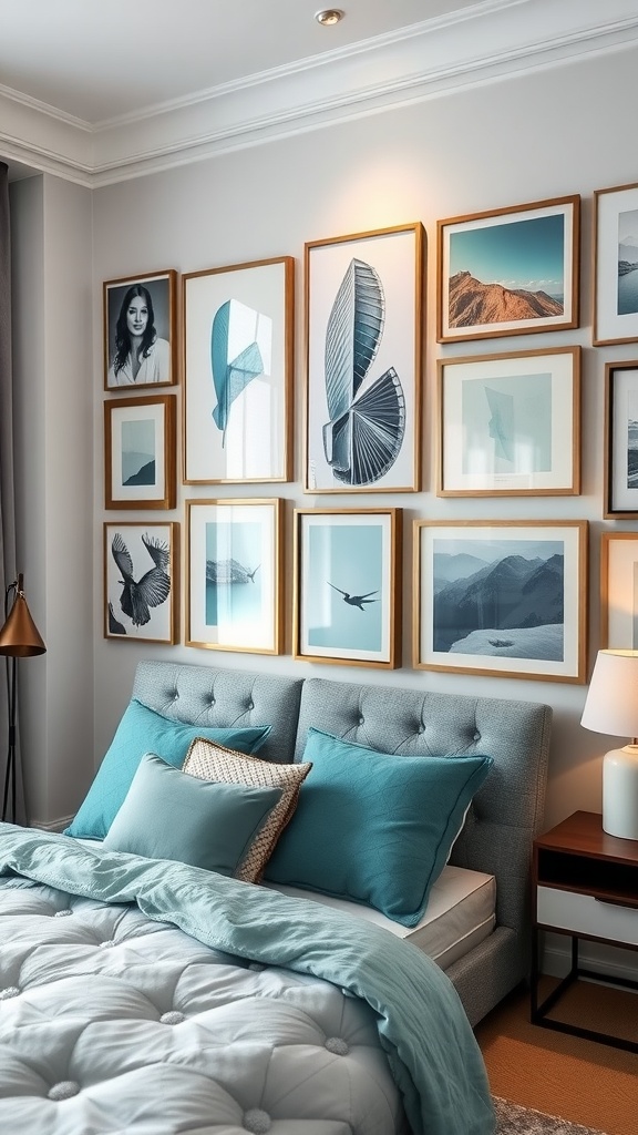 A cozy bedroom featuring an eclectic gallery wall with teal and grey art pieces, complemented by a stylish bed.