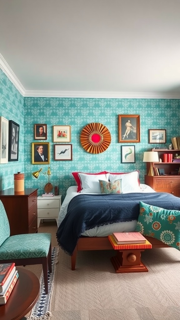 An eclectic teal bedroom featuring vibrant wallpaper, a gallery wall of framed art, and a mix of colorful patterns.