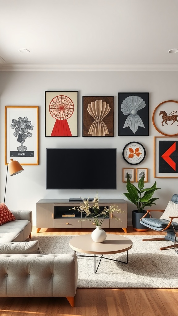 A stylish living room featuring an eclectic display of wall art, combining Art Deco and contemporary styles.