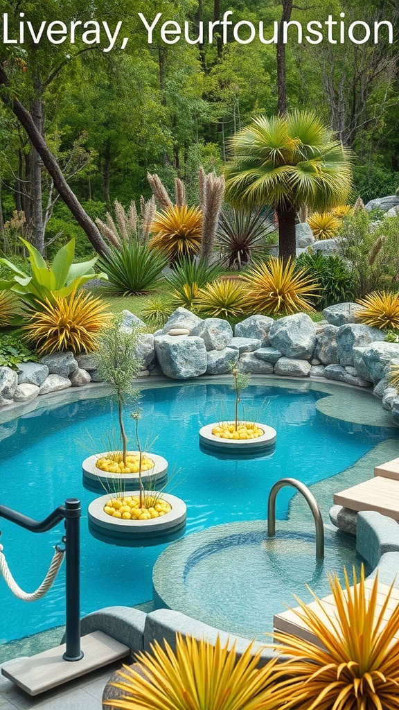 An eco-friendly pool with natural filtration, surrounded by lush plants and floating planters.