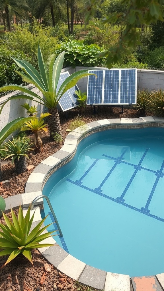 A small eco-friendly pool with solar panels and surrounding lush greenery.