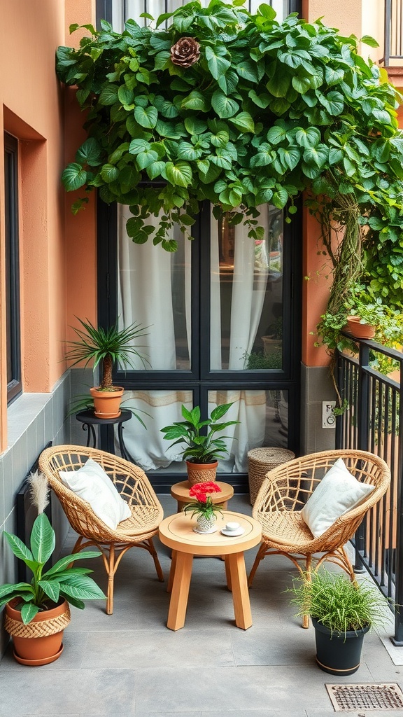 A small balcony featuring eco-friendly upcycled furniture with green plants.