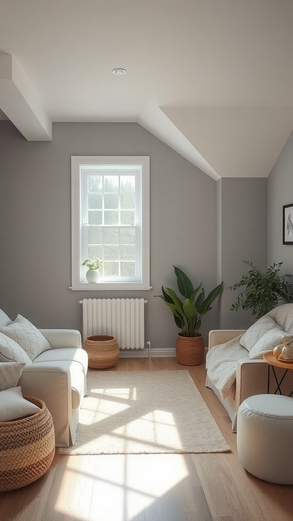 Living room painted in Edgecomb Gray featuring natural light, plants, and cozy furniture.