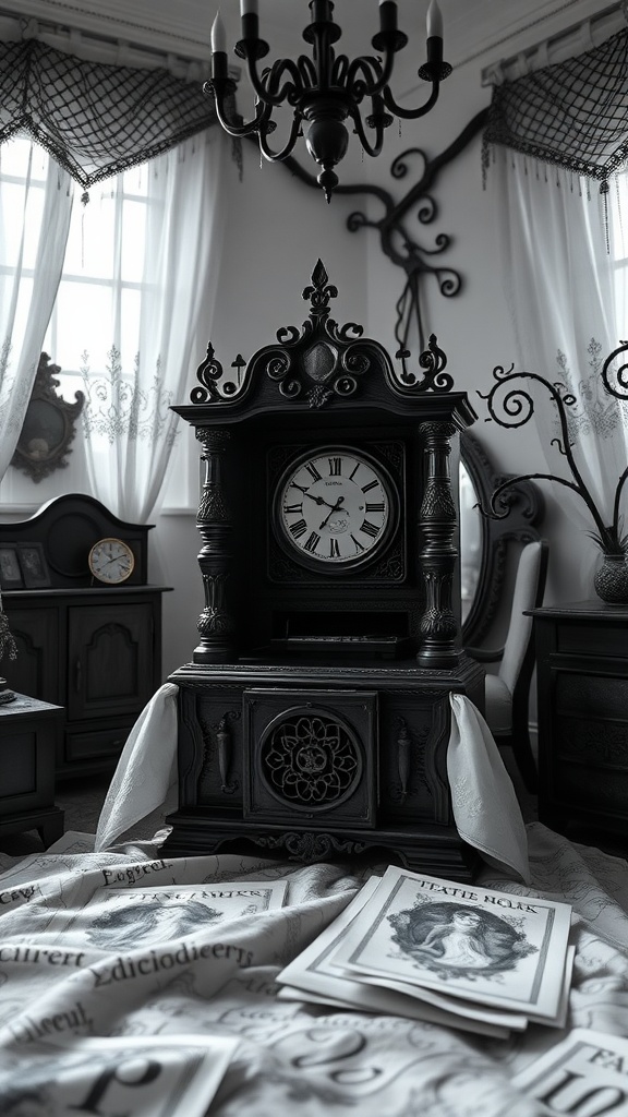 An ornate black music box with a clock, set in a darkly themed bedroom with vintage decor.