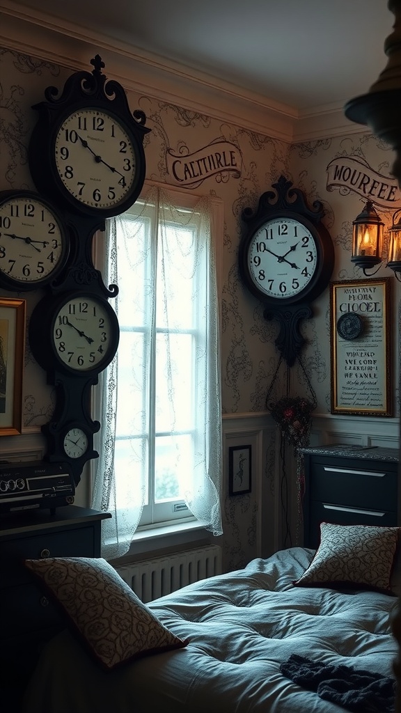 A cozy bedroom featuring multiple vintage-style wall clocks and lace curtains.