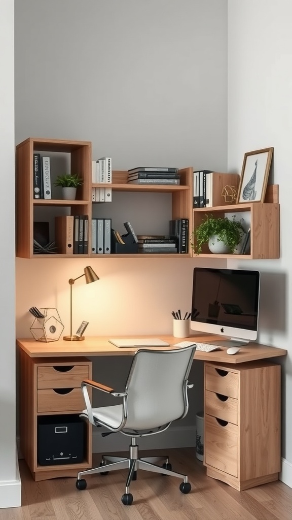 A cozy corner home office setup featuring a wooden desk, shelves with books, and a stylish chair.