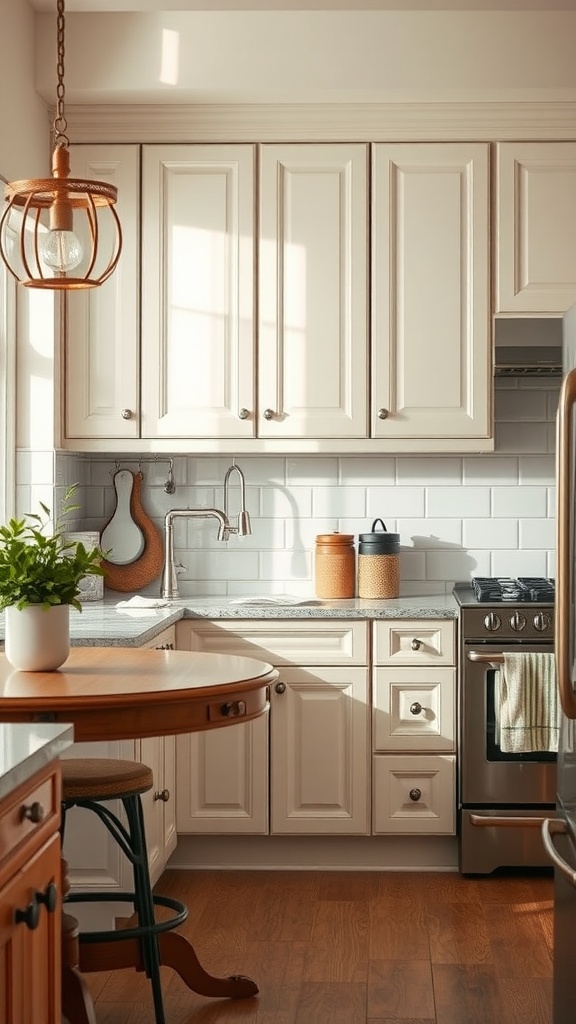A kitchen featuring cabinets with an eggshell finish, showcasing a soft and inviting atmosphere.