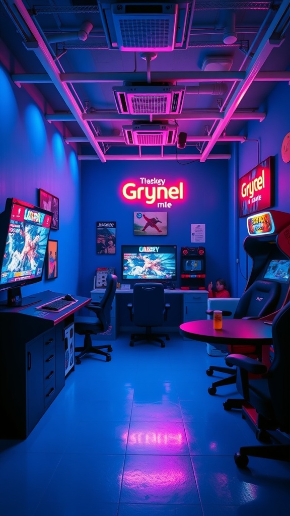 A vibrant gaming room with electric blue walls and neon lighting