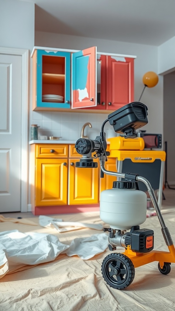 An electric paint sprayer in front of colorful cabinets under renovation