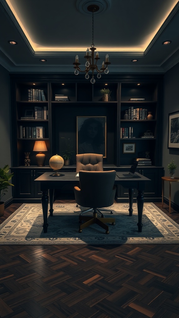 Elegant and moody home office with dark cabinetry, plush chair, soft lighting, and decorative items.