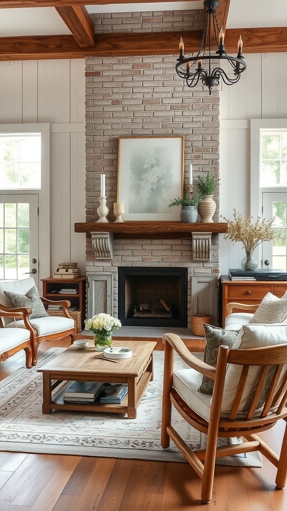 Elegant and rustic farmhouse living room with brick fireplace and wooden beams