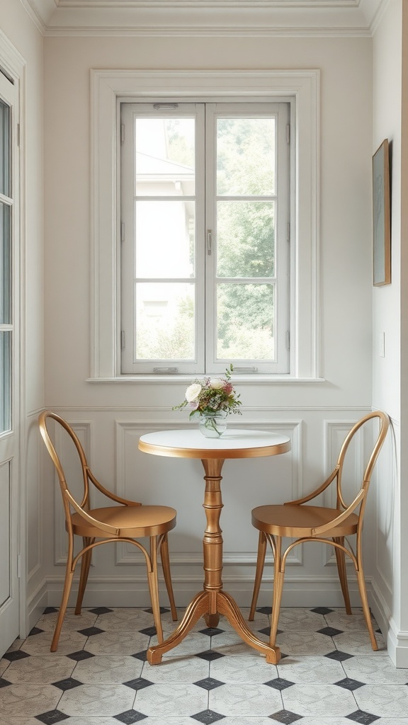 A cozy kitchen nook featuring a round table and golden chairs by a window, creating an elegant bistro atmosphere.