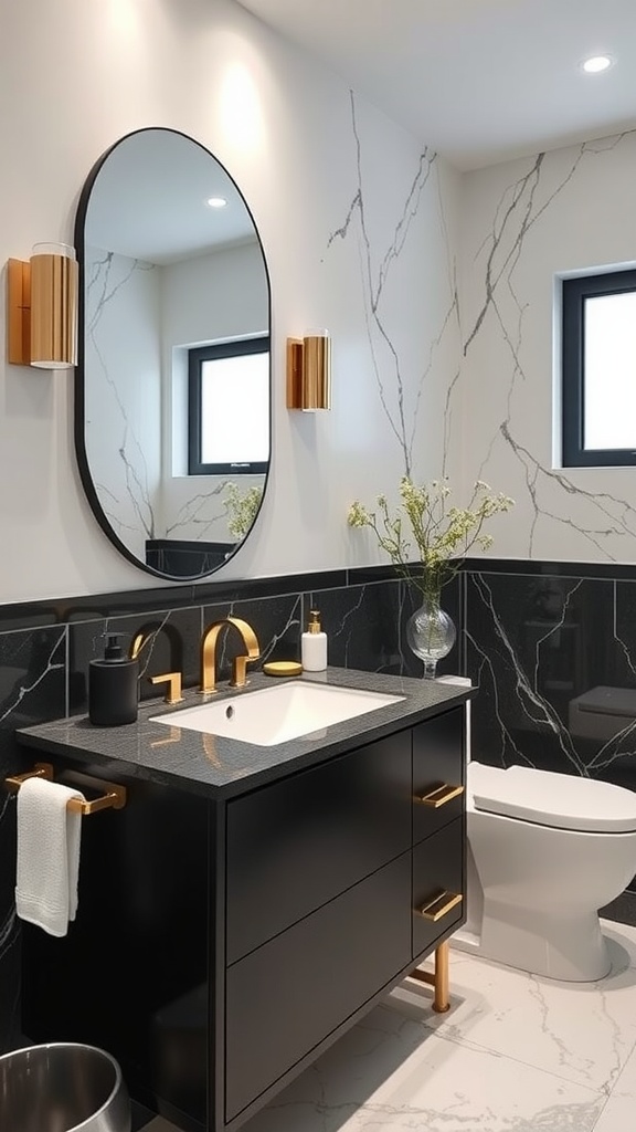 Modern black bathroom vanity with gold accents and marble walls