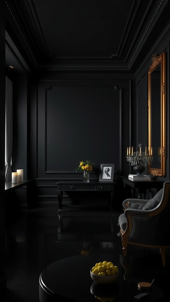 An elegant dark room with black walls, glossy floor, golden mirror, and contrasting decor.