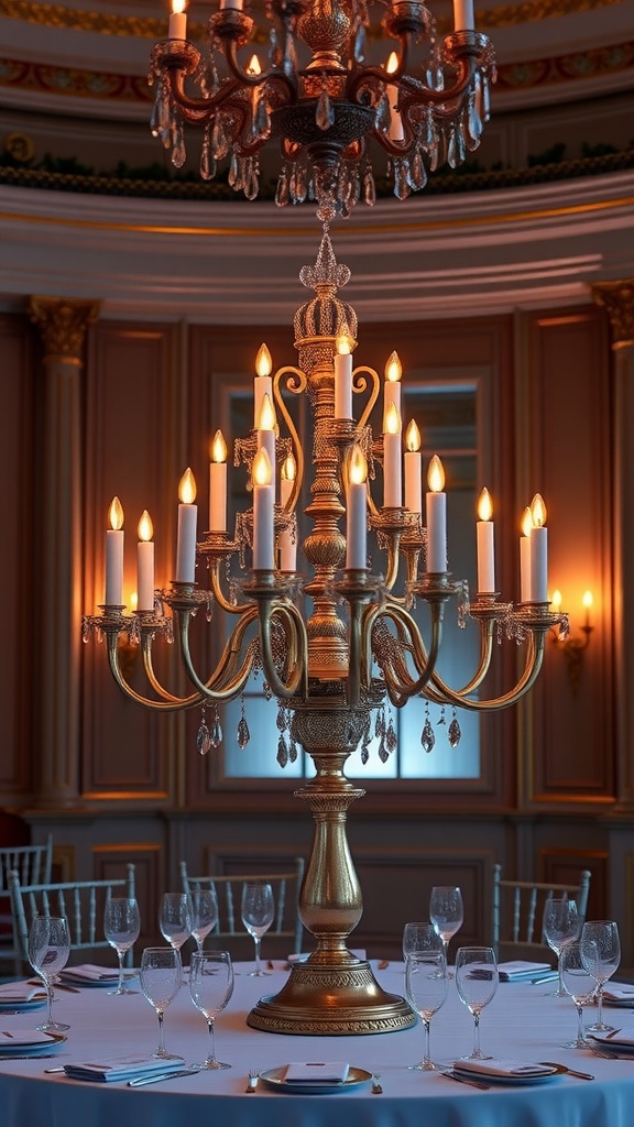 An elegant candelabra centerpiece with candles lit, set on a table with glasses in an ornate room.