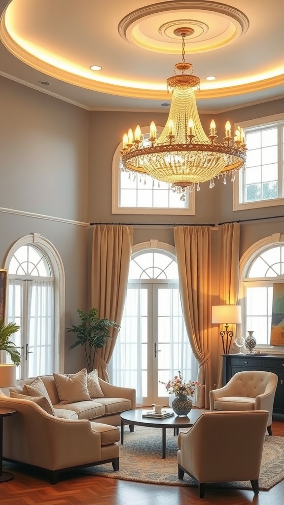 A cozy living room featuring an elegant chandelier, warm lighting, and inviting decor.