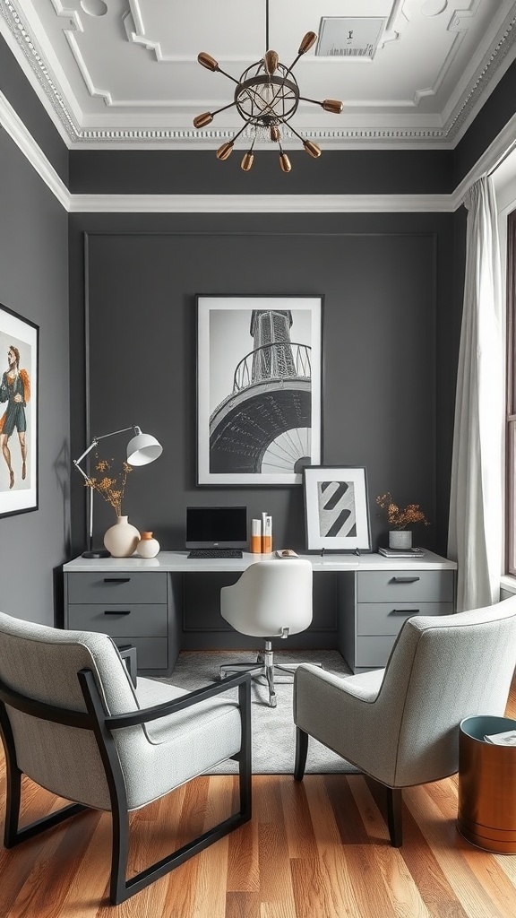 Chic office space featuring charcoal gray walls, modern furniture, and stylish decor.