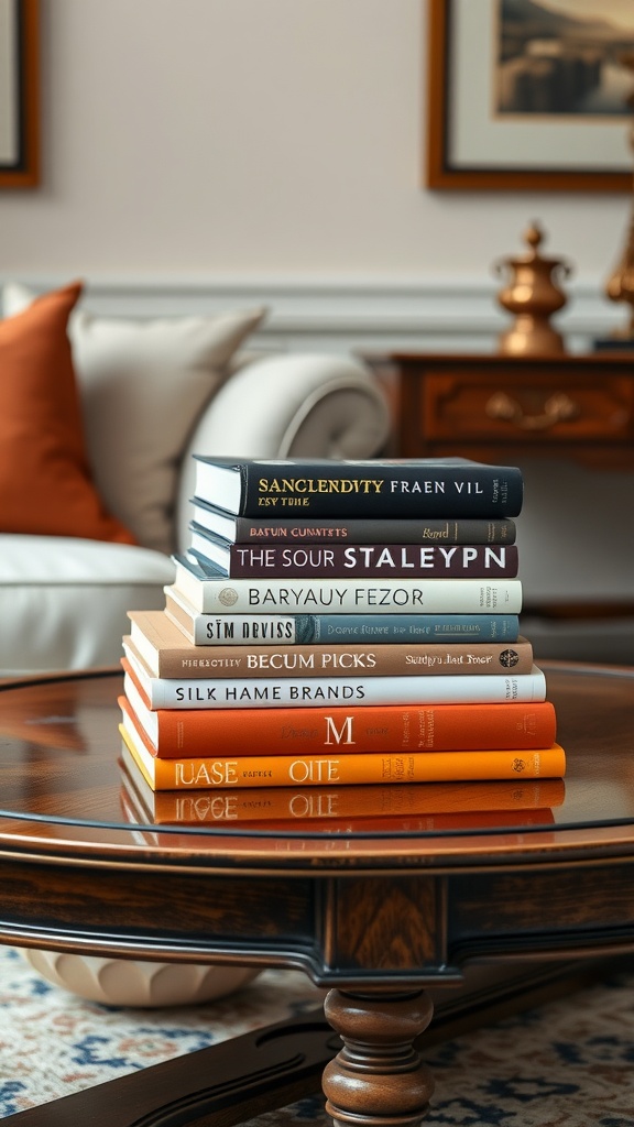 A stack of elegant coffee table books on a wooden coffee table in an opulent living room setting.