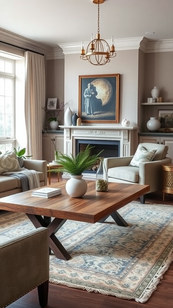 A cozy living room showcasing a rustic wooden coffee table, plush seating, and warm decor elements.