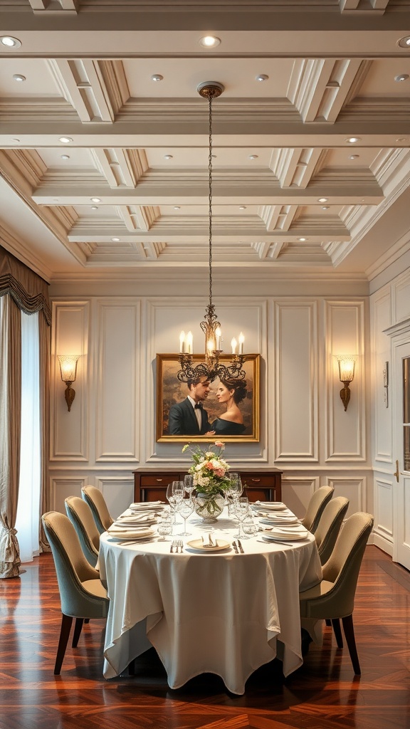 A dining room featuring a coffered ceiling with recessed lighting and an elegant table setting.