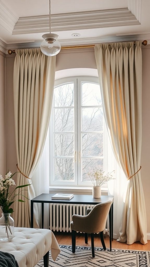Elegant curtains framing a bright window in a stylish home office and guest room.