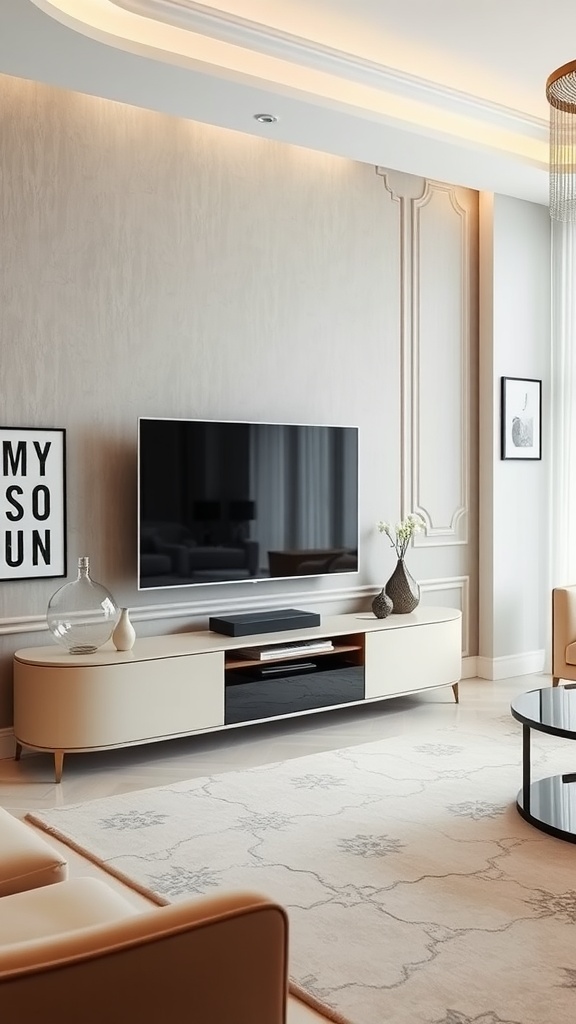 A modern living room featuring an elegant curved TV stand with a mounted TV above, surrounded by stylish decor.