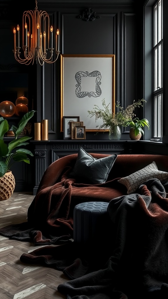 A luxurious dark bedroom with a chandelier, a plush sofa, and decorative plants, showcasing elegant dark tones.