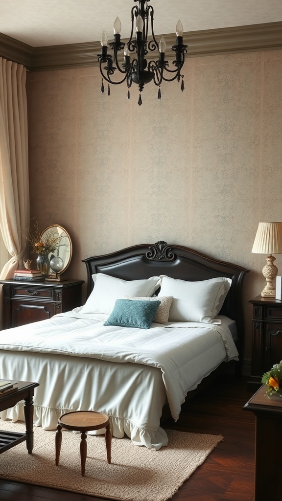 An elegant dark shabby chic bedroom with a dark wooden bed frame, soft white bedding, and vintage decor.