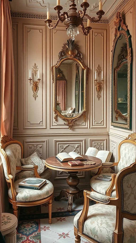 A cozy reading nook styled in elegant French decor, featuring upholstered chairs, a round table with books, and ornate mirrors.